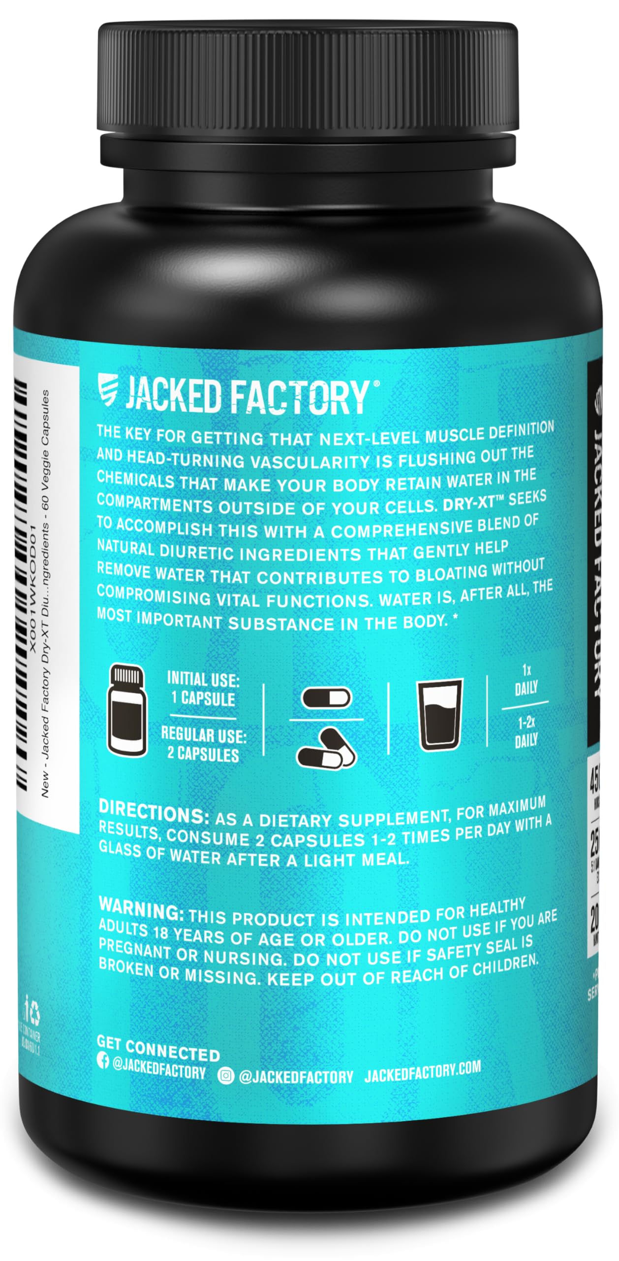 Jacked Factory Dry-XT Diuretic Water Pills - Natural Supplement | Reduces Water Retention & Bloating | Dandelion Root Extract, Potassium, 7 More Powerful Ingredients - 60 Veggie Capsules